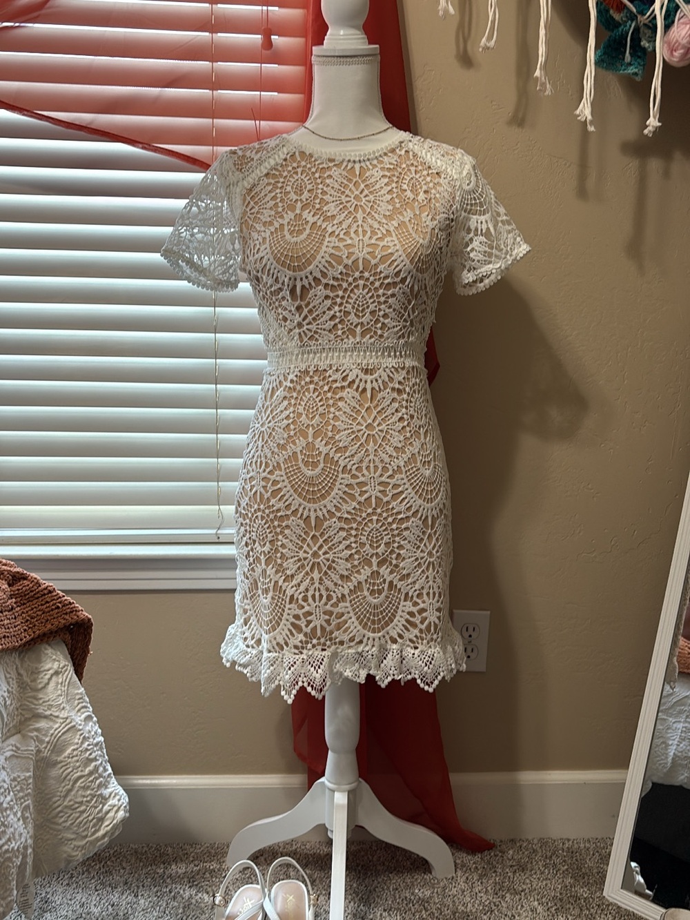 Ivory Crochet Lace Mini Dress with Short Sleeves